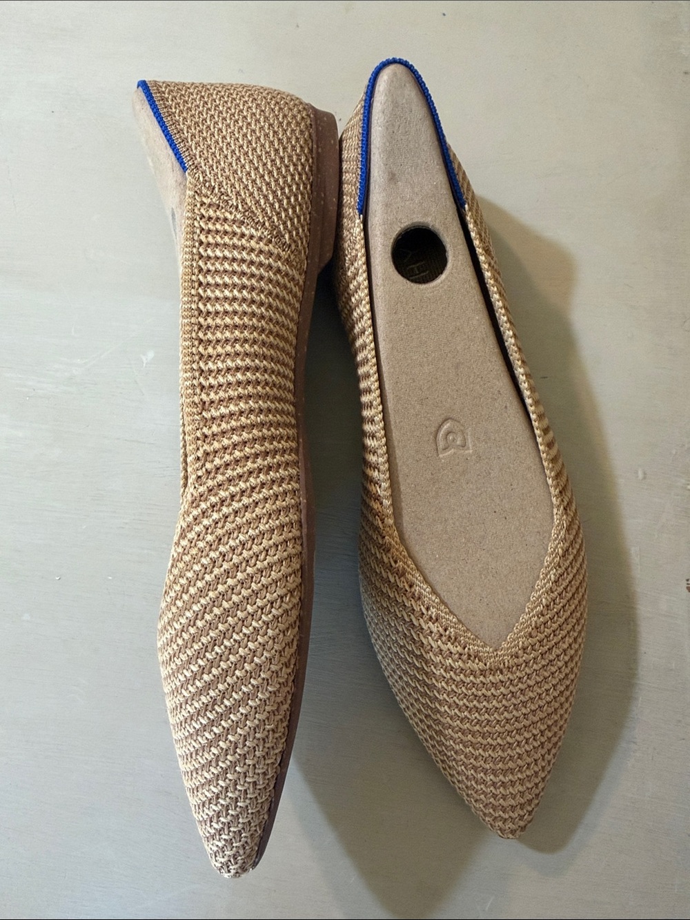 Rothy's Tan Knit Pointed Toe Flats with Blue Trim
